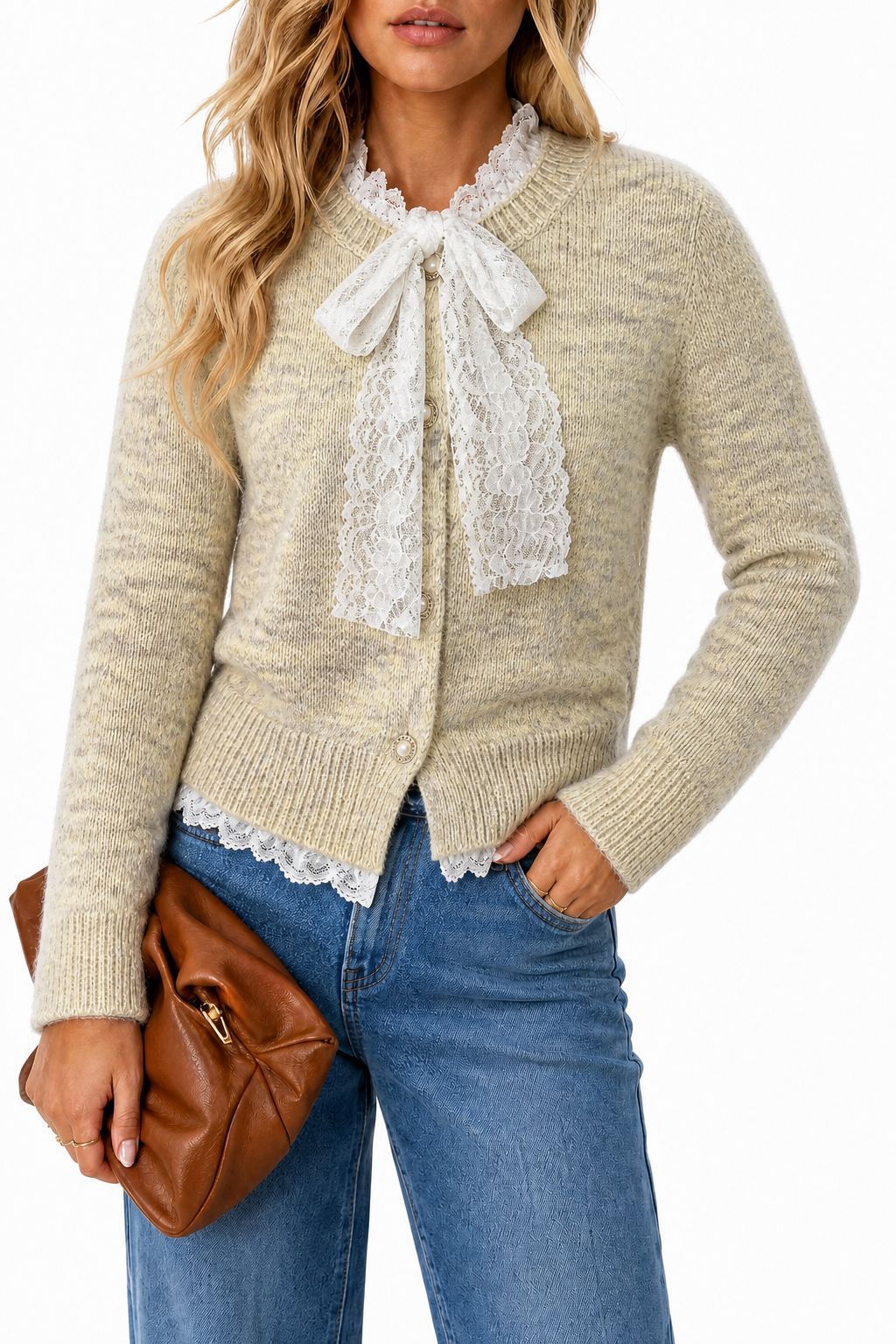 Women's Lace Bow Pearl Button Cropped Knit Cardigan