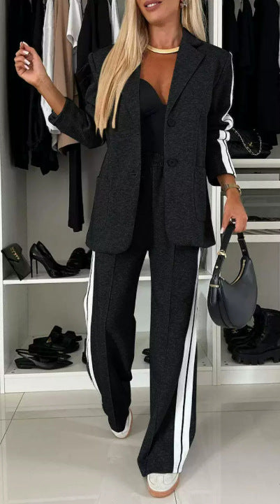 Women's 2 Piece Side Stripe Blazer Wide Leg Pants Set