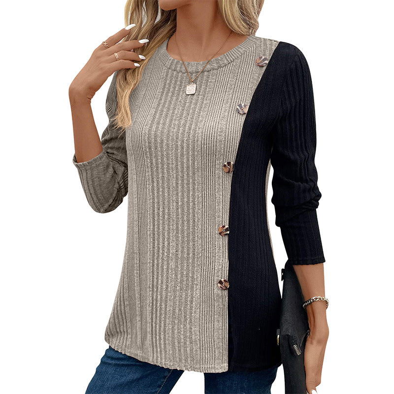 Color Block Button Split Top Casual Long Sleeve Cross-Border