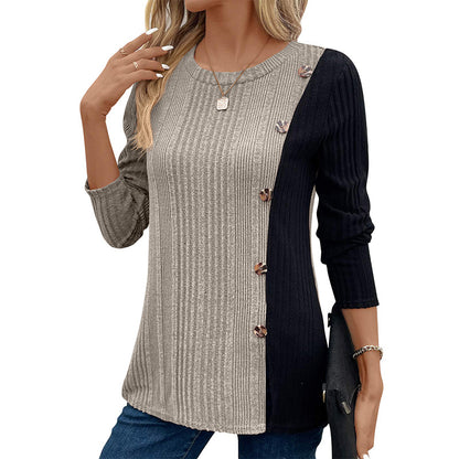 Color Block Button Split Top Casual Long Sleeve Cross-Border