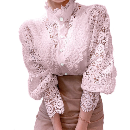 Women's Crochet Lace Floral Bishop Sleeve Blouse