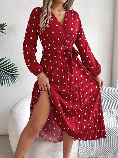 Elegant Polka Dot Cross-Over V-Neck Pleated Midi Dress