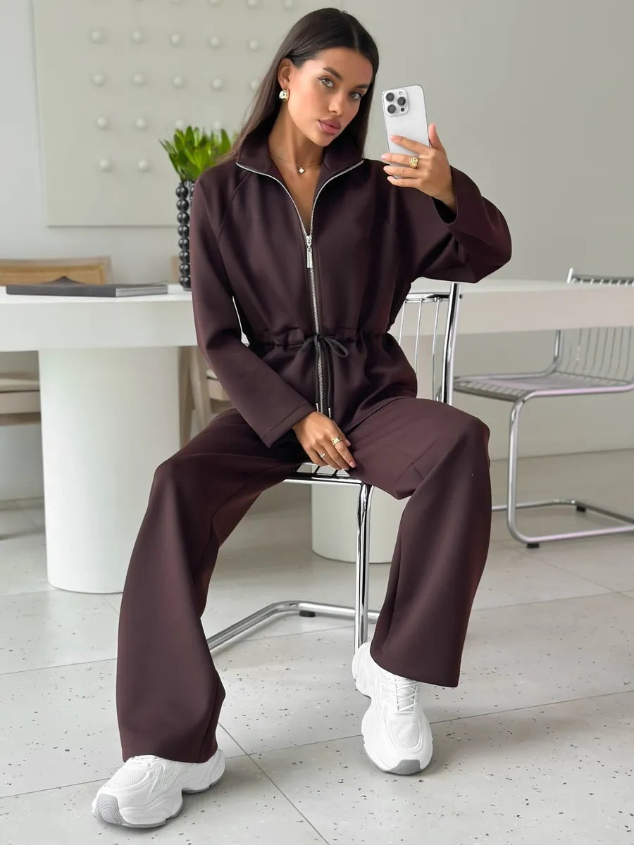 Women's Zip Up Drawstring Jacket Wide Leg Pants Set