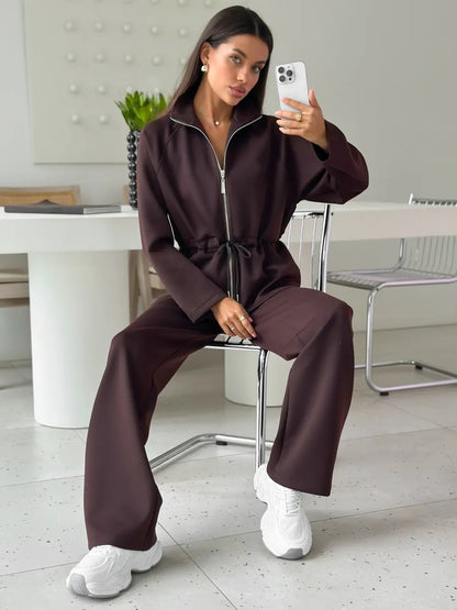Women's Zip Up Drawstring Jacket Wide Leg Pants Set