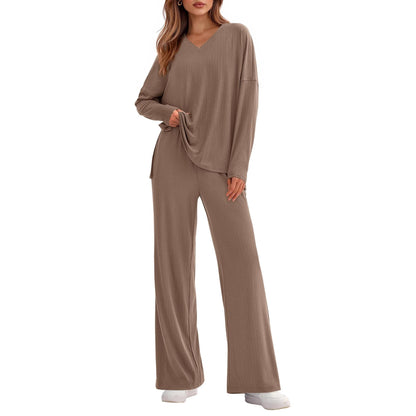 Women's Two Piece Ribbed Lounge Set Wide Leg Pants