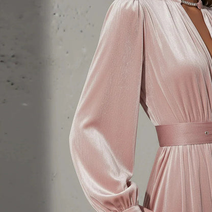 Women's Puff Sleeve V Neck Pleated Belted Maxi Dress