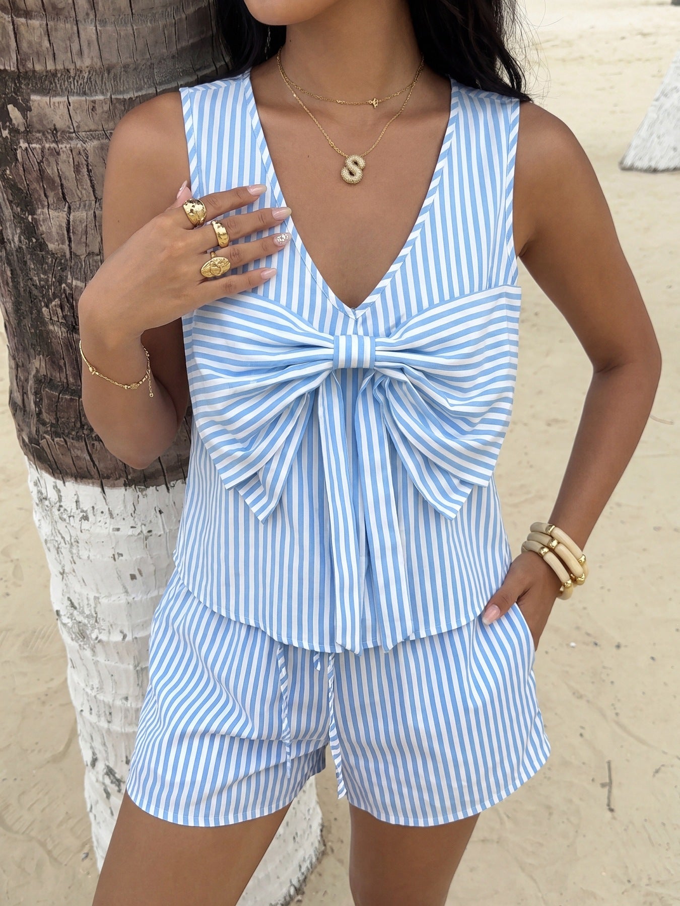 Striped Bow Detail Two Piece Shorts Set Resort Style