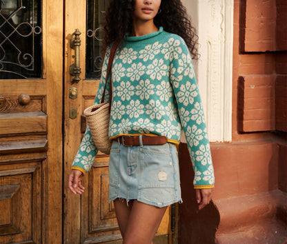 Women's Vintage Floral Crewneck Knit Pullover Sweater