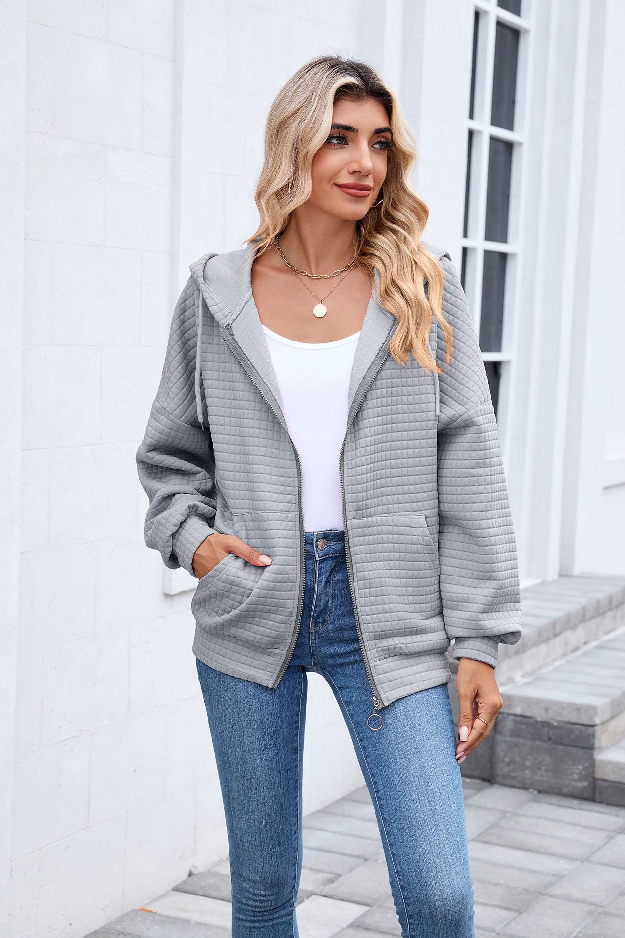 Quilted Zip Up Hooded Jacket Hoodie with Pockets