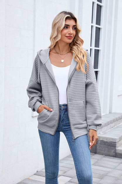 Quilted Zip Up Hooded Jacket Hoodie with Pockets