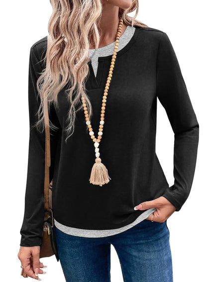 Color block layered look top split neck long sleeve
