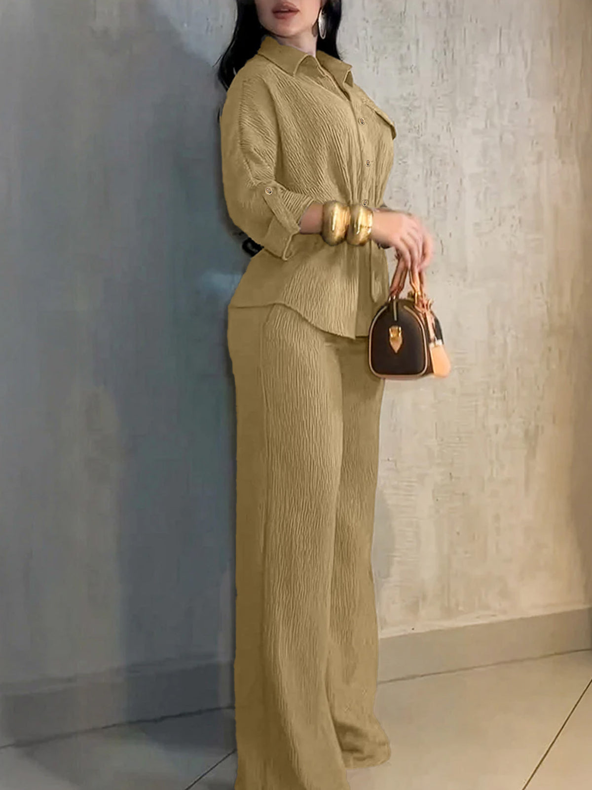 Women's Collared Button Down Shirt Wide Leg Pants 2PC Set