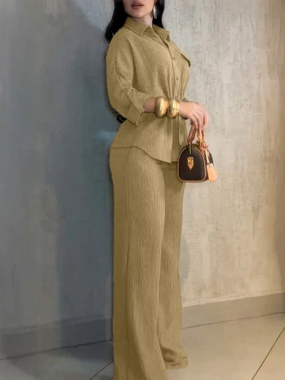 Women's Collared Button Down Shirt Wide Leg Pants 2PC Set