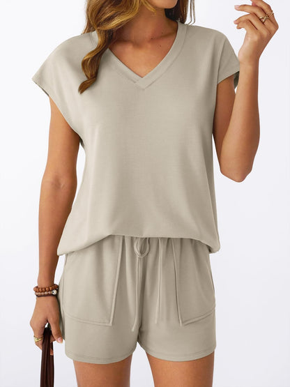 V Neck Casual Lounge Set Short Sleeve Top and Shorts