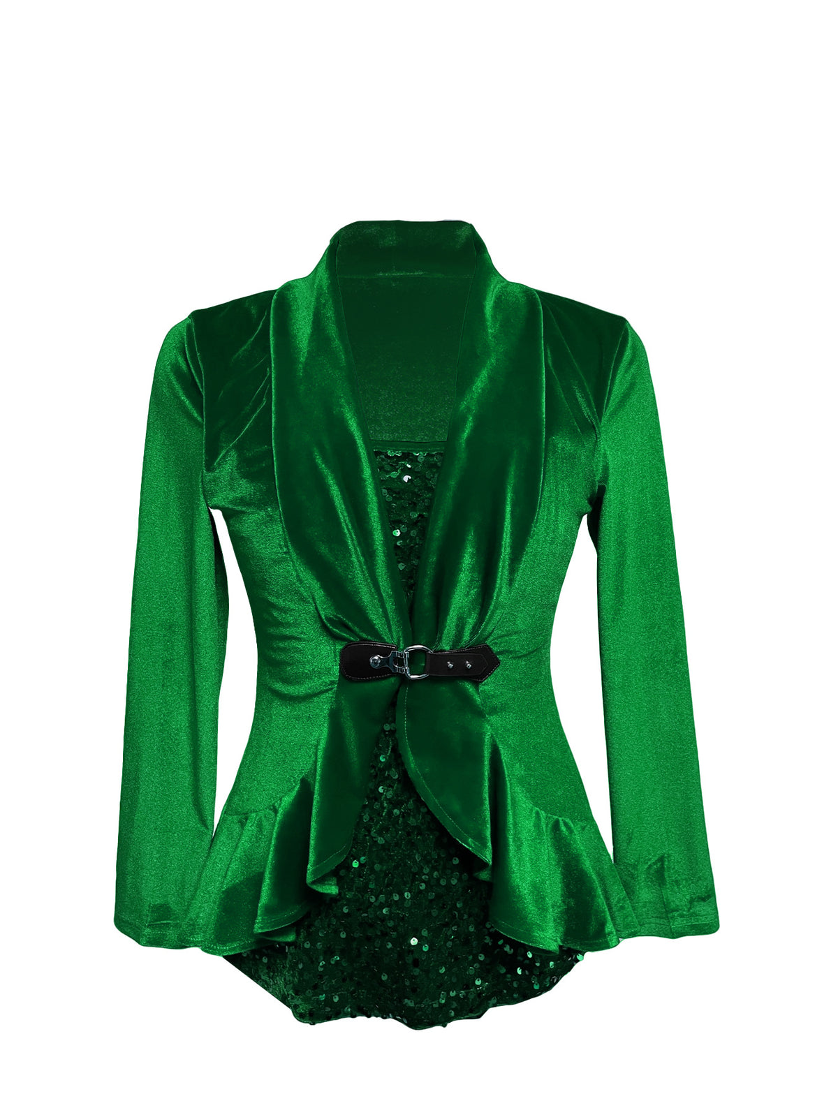 Women's Long Sleeve Velvet Sequin Belted Peplum Top