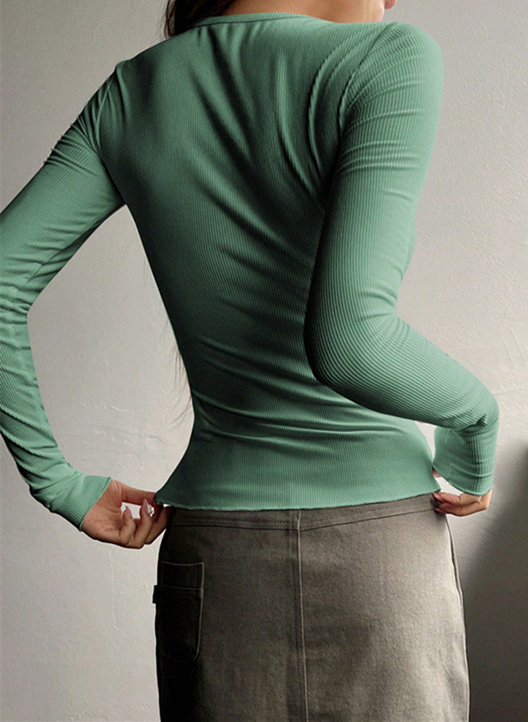 Women's Ribbed Henley Long Sleeve Fitted Top