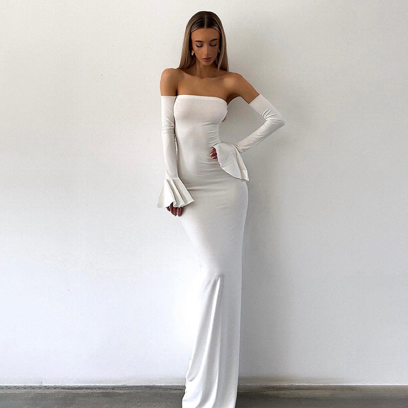 Strapless Bodycon Mermaid Maxi Dress Bell Sleeves