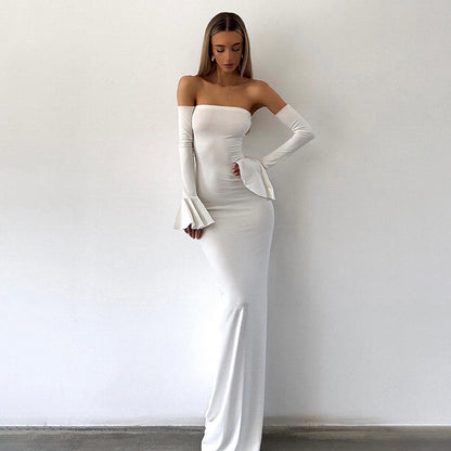 Strapless Bodycon Mermaid Maxi Dress Bell Sleeves