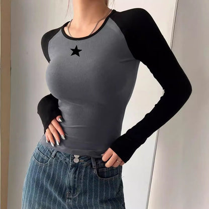 Y2K Star Raglan Long Sleeve Crop Top Fitted