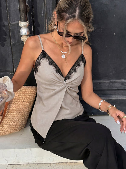 Elegant Color-block Lace Twist Slim V-neck Strap Tank Top