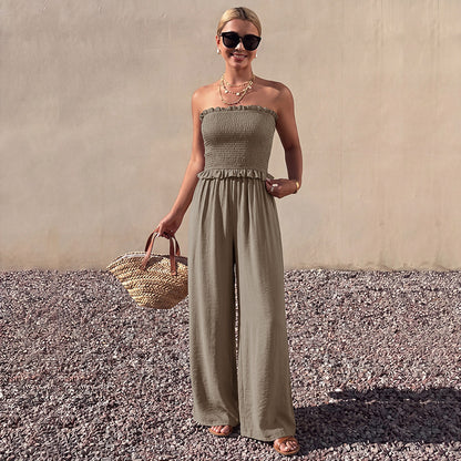 Smocked Strapless Wide Leg Jumpsuit Casual Resort Outfit