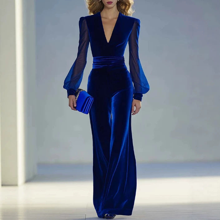 Velvet V-Neck Wide Leg Jumpsuit Sheer Long Sleeves