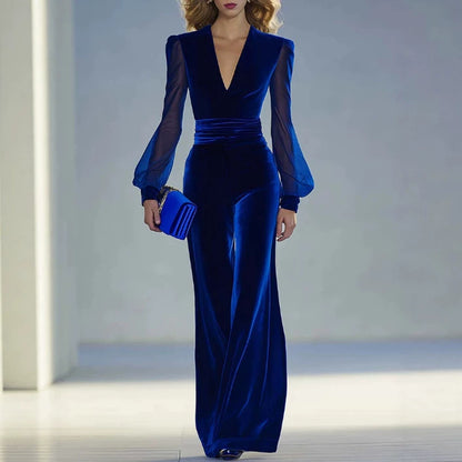 Velvet V-Neck Wide Leg Jumpsuit Sheer Long Sleeves