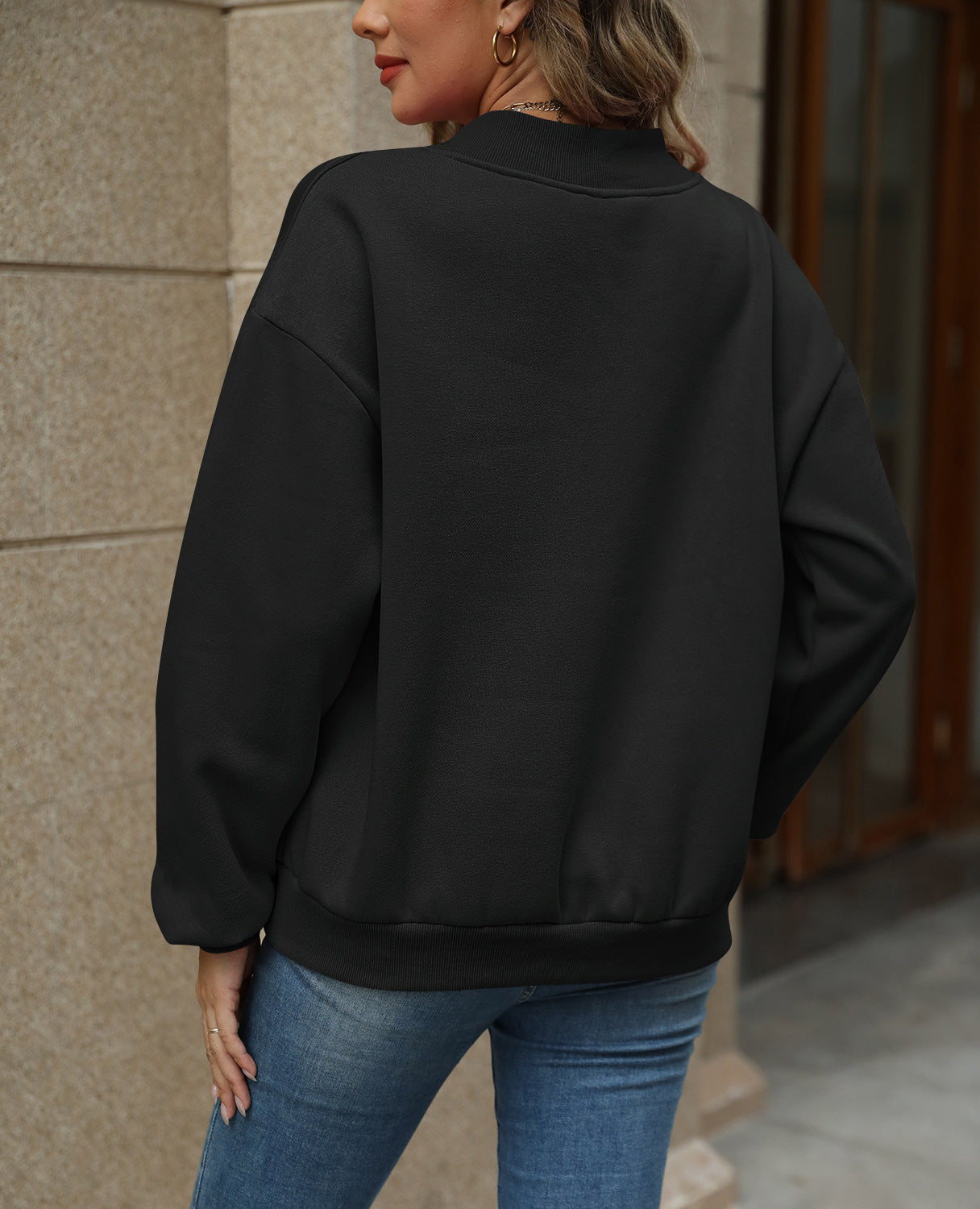 Colorblock V Neck Fleece Sweatshirt Women Casual Pullover Top