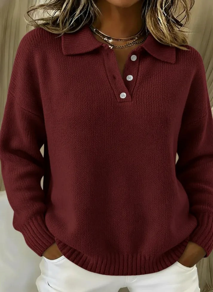 Women Oversized Polo Collar Button Knit Sweater