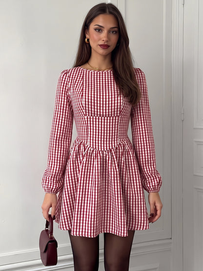 Gingham Bow Back Long Sleeve Christmas Mini Dress