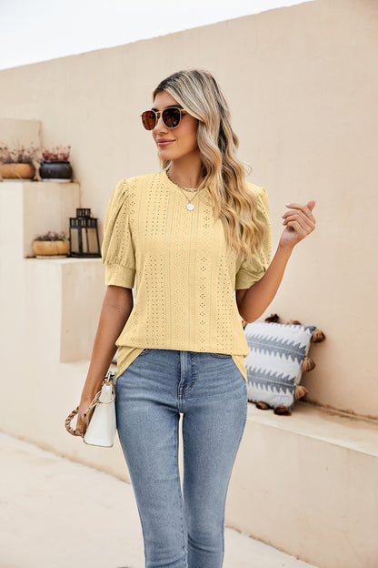 Sweet Puff Sleeve Shirt with Embroidered Cutouts