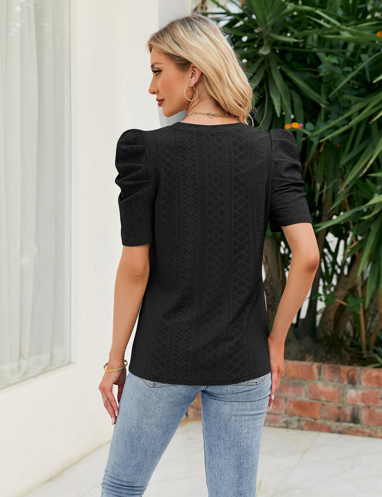 Loose Fit Ruched Sleeve Lace Knit T-Shirt for Women