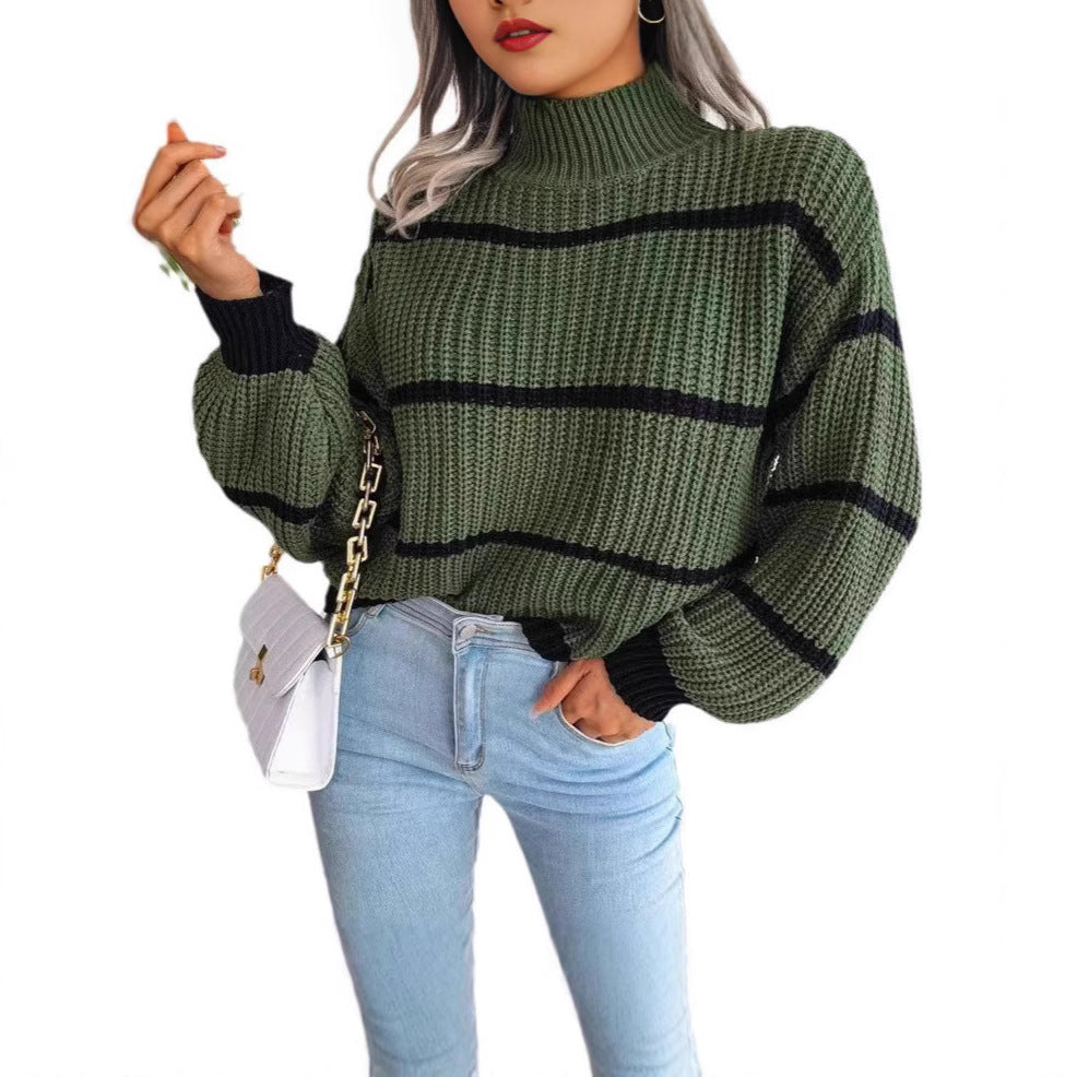 Women's Chunky Striped Mock Neck Balloon Sleeve Sweater