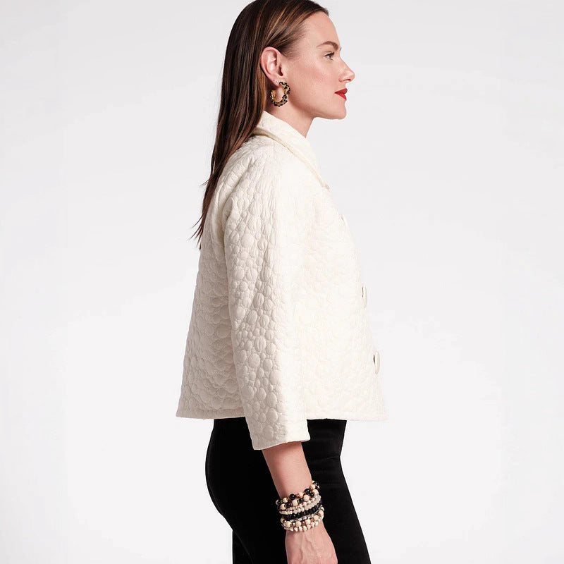 Cream Peter Pan Collar Quilted Jacket Double Breasted