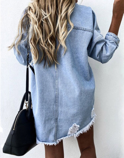 Distressed Denim Jacket Mid-Length Long Sleeve Vintage Style