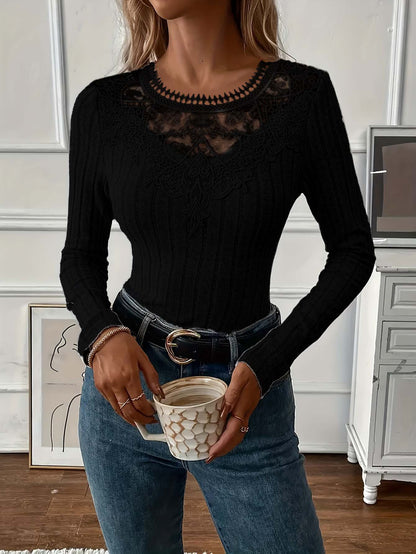 Women's Lace Panel Ribbed Long Sleeve Top