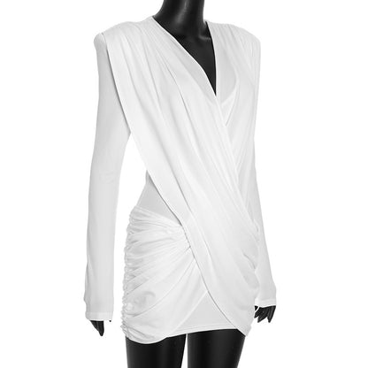 Sexy Deep V Neck Long Sleeve Ruched Bodycon Mini Dress