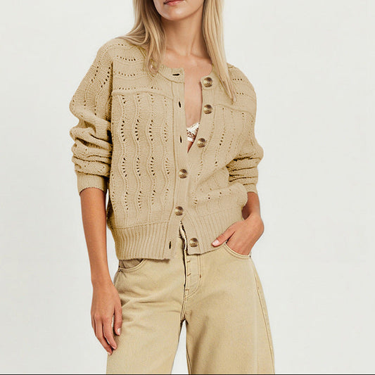Pointelle Knit Cardigan Sweater Button Front Casual Top