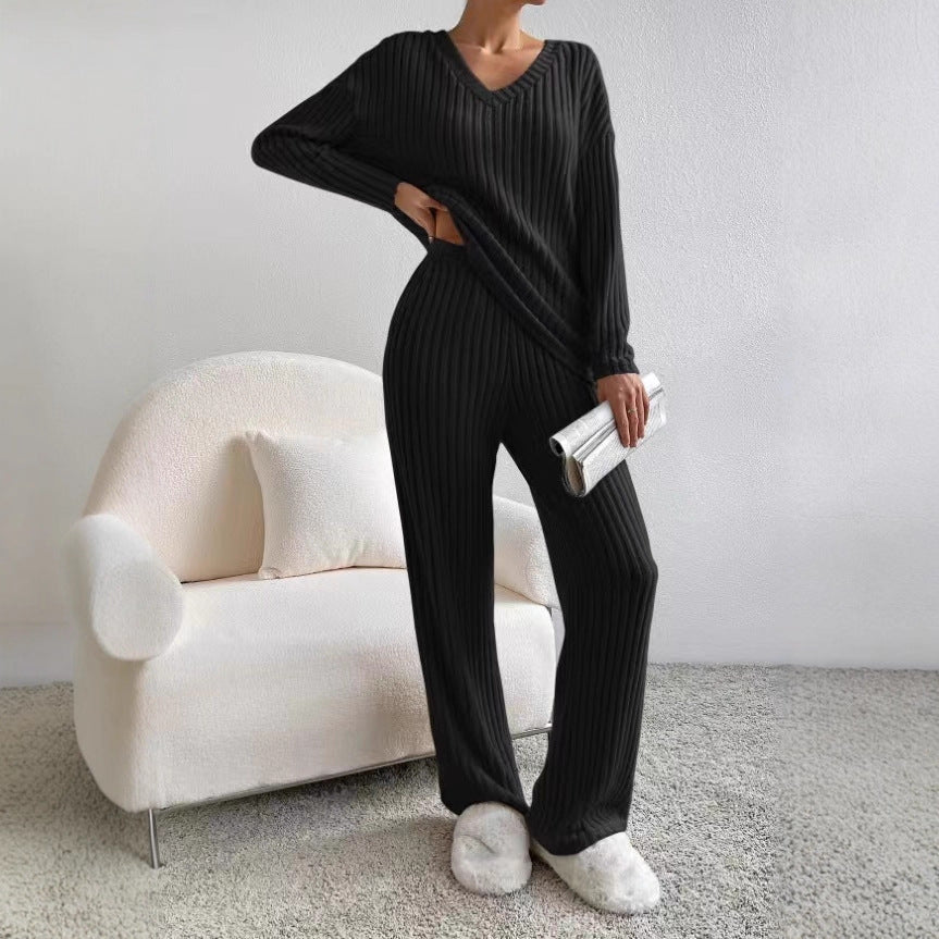Women's 2 Piece Ribbed Knit V Neck Wide Leg Pants Set