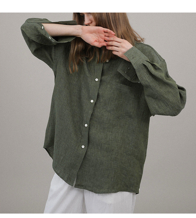 High-End Linen Shirt Women Spring Oversized Turn-Down Collar