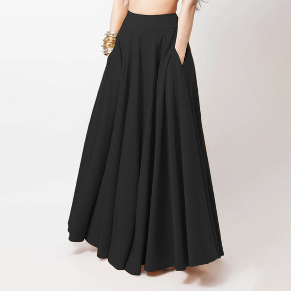 Women's Pleated Maxi Skirt High Waist A-Line Pockets