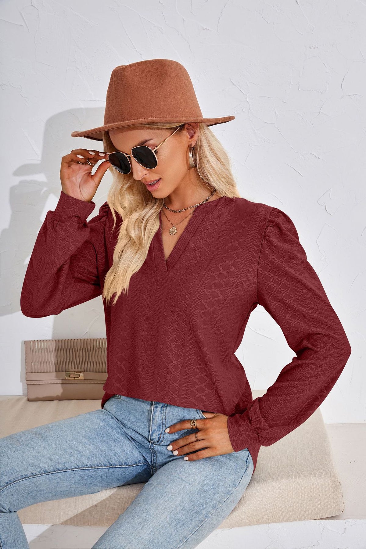 Women's V Neck Puff Sleeve Textured Tunic Top Long Sleeve