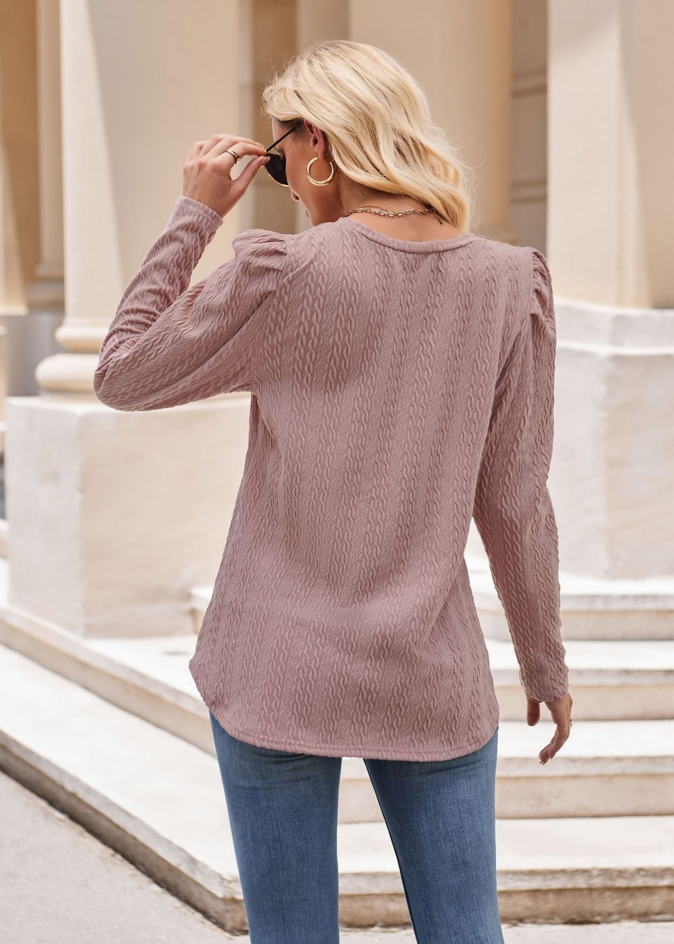 Burgundy Textured Knit Puff Sleeve Long Sleeve Top