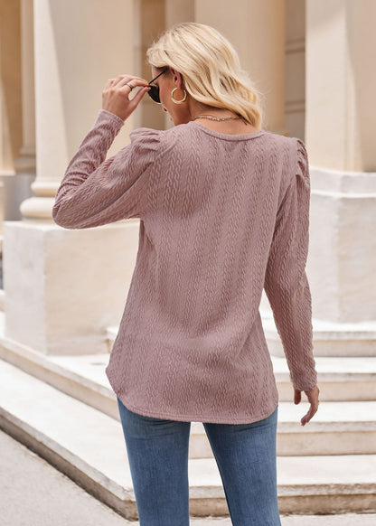 Burgundy Textured Knit Puff Sleeve Long Sleeve Top
