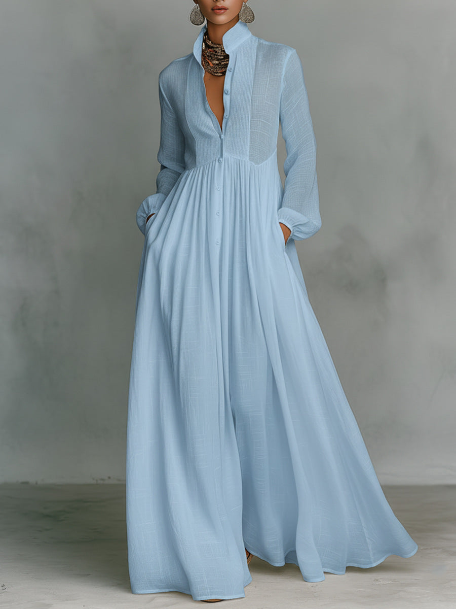 Elegant Vintage Maxi Dress Long Sleeve A-Line Button Down