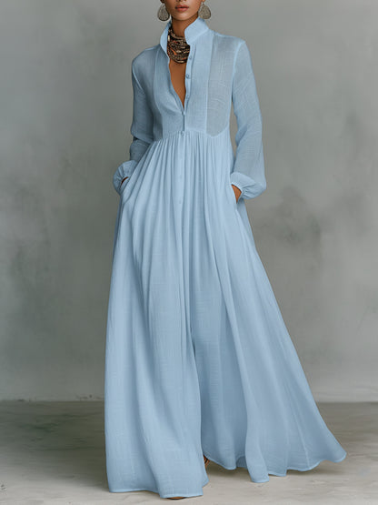 Elegant Vintage Maxi Dress Long Sleeve A-Line Button Down