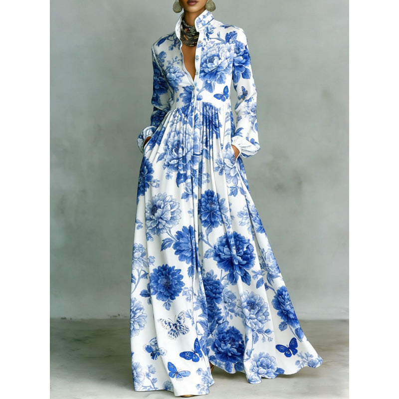 Vintage Floral Maxi Dress Lantern Sleeve Button Down Boho