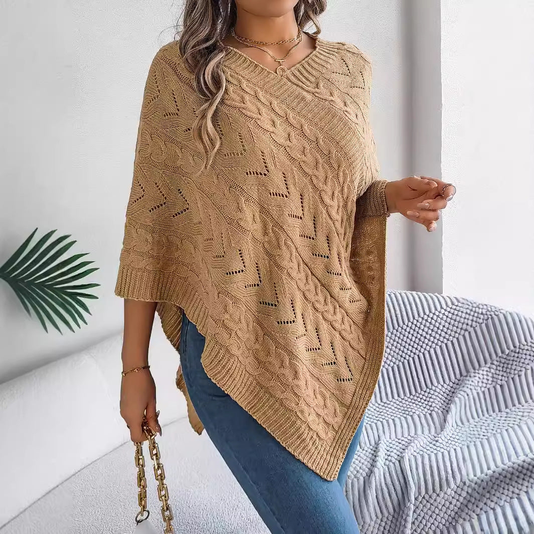 Women's Oversized Cable Knit V-Neck Poncho Sweater