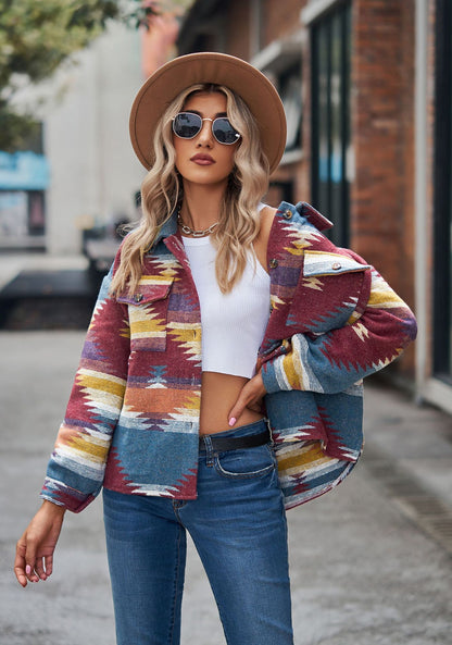 Women's Aztec Shacket Oversized Button Front Jacket