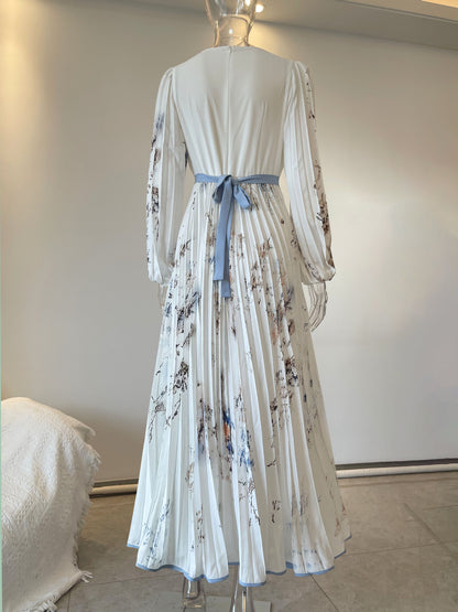 Floral Pleated V-Neck Long Sleeve Maxi Dress